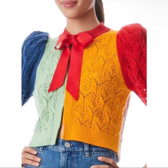 Alice + Olivia CARDIGAN SWEATER KITTY PUFF SLEEVE MULTICOLORED SMALL NWT - Picture 3 of 16